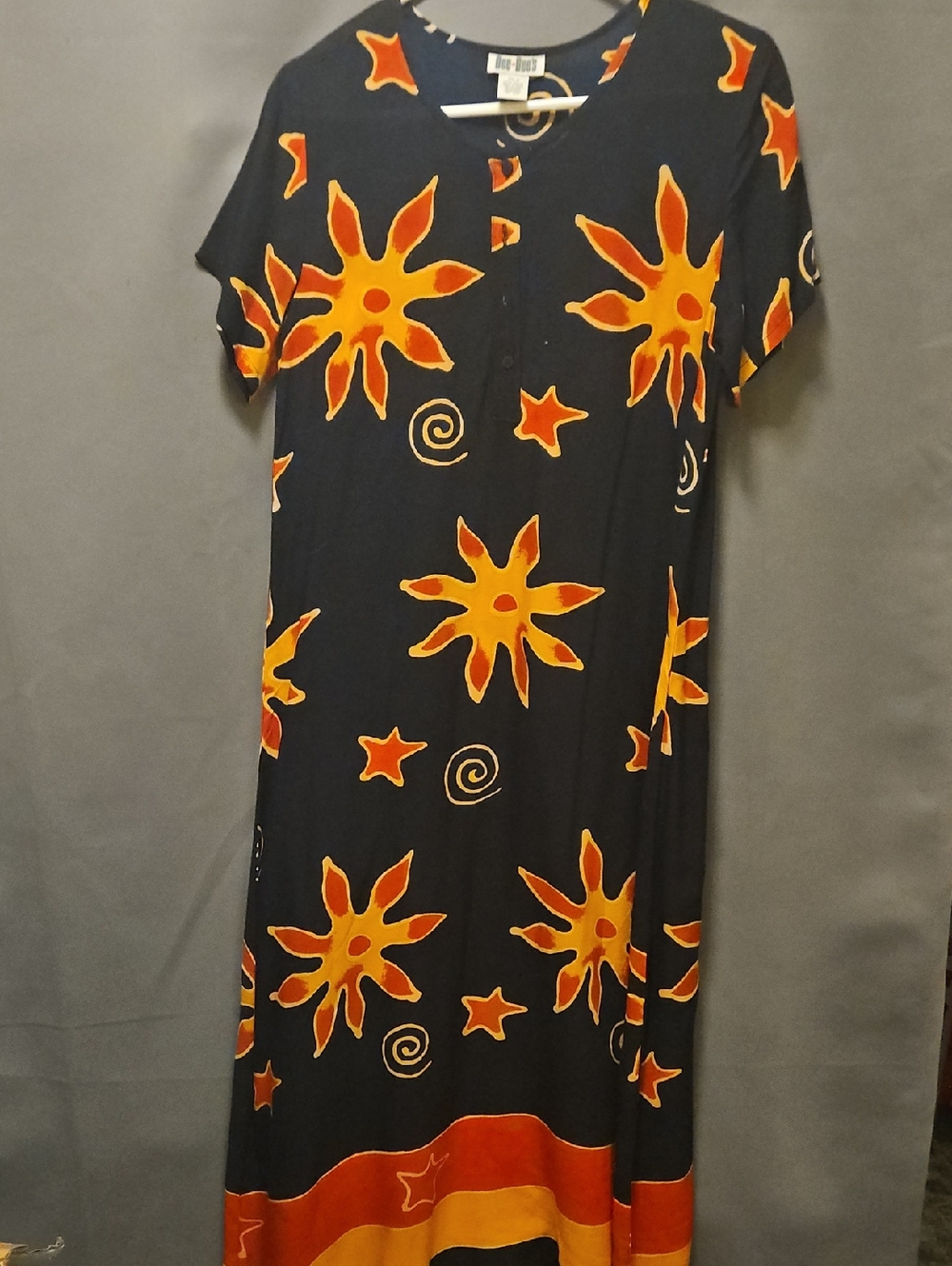 Dee-Dee's Dress Womens Sz S Maxi Black OrangeYellow Print  Black 4 Button Front